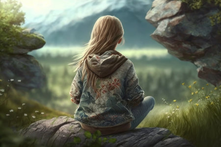 The girl is sitting in the mountains. AI generative. illustration in photorealistic style.の素材
