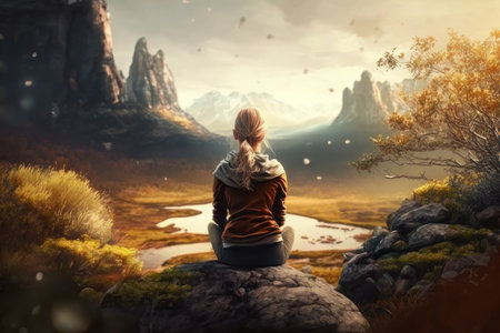 The girl sits with her back in the mountains. AI generative. illustration in photorealistic style.の素材
