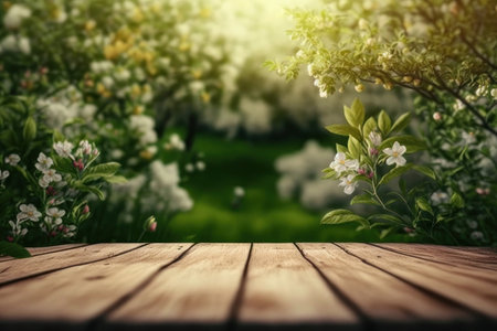 background. Wooden surface against the background of flowering apple trees. AI generative. illustration in photorealistic style.の素材