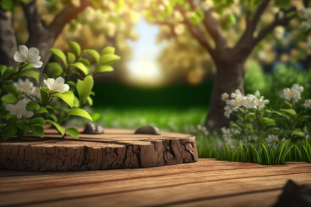 background. Wooden surface on the background of an apple orchard. AI generative. illustration in photorealistic style.の素材