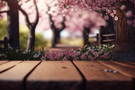 background. Wooden surface on the background of the sakura park. AI generative. illustration in photorealistic style.の素材