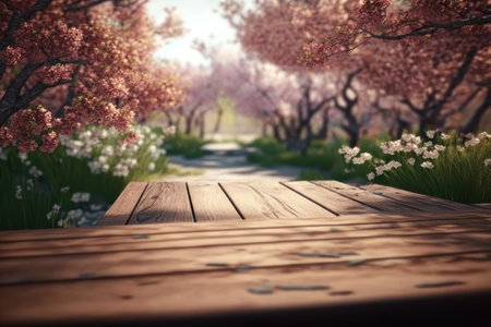 background. Wooden surface on the background of the sakura garden. AI generative. illustration in photorealistic style.の素材