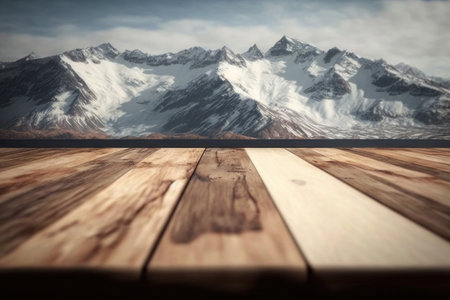 background. Wooden surface against the backdrop of snowy mountains. AI generative. illustration in photorealistic style.の素材