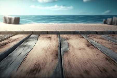 background. Wooden surface on the background of the sea. AI generative. illustration in photorealistic style.の素材
