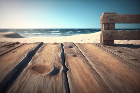 background. Wooden surface on the background of the beach. AI generative. illustration in photorealistic style.の素材