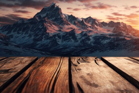 background. Wooden surface against the backdrop of winter mountains at sunset. AI generative. illustration in photorealistic style.の素材