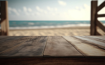 background. Wooden surface on the background of the ocean. AI generative. illustration in photorealistic style.の素材