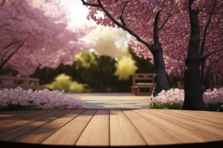 background. Wooden surface against the backdrop of a garden of sakura trees. AI generative. illustration in photorealistic style.の素材