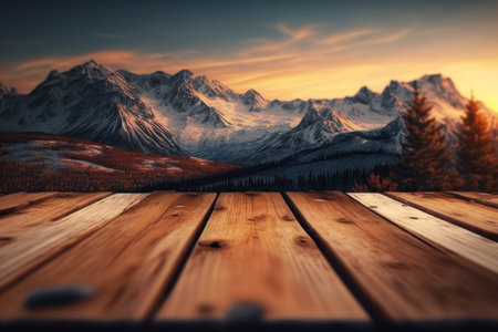 background. Wooden surface against the backdrop of snowy mountains at sunset. AI generative. illustration in photorealistic style.の素材