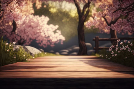 background. Wooden surface on the background of the park with sakura trees. AI generative. illustration in photorealistic style.の素材