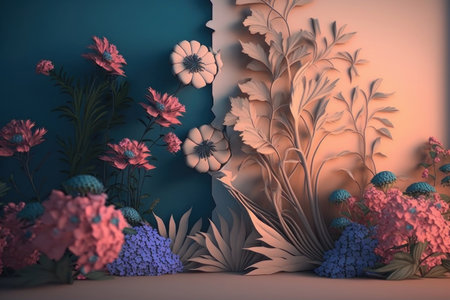 background. Flower decorations on a white-blue wall. AI generative. illustration in photorealistic style.の素材