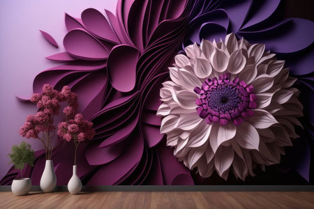 background. Decorations from flowers on the wall, purple colors. AI generative. illustration in photorealistic style.の素材