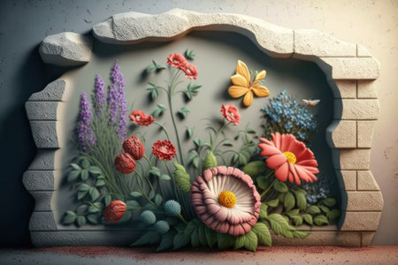 background. Flower decorations on a stone wall. AI generative. illustration in photorealistic style.の素材