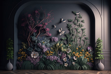 background. Floral decorations and butterflies on the wall. AI generative. illustration in photorealistic style.の素材