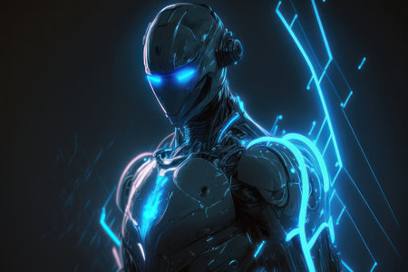 Robot on a black background, neon blue color. AI generative. illustration in photorealistic style.の素材