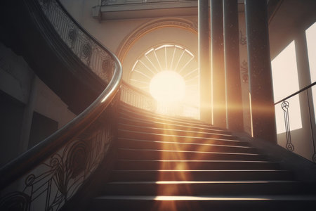 Stairway to the bright light of the sun. AI generative. illustration in photorealistic style.の素材
