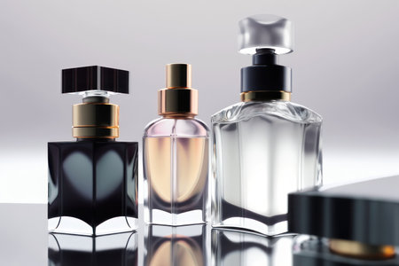 Black and transparent perfume bottles on a white background. AI generative. illustration in photorealistic style.の素材