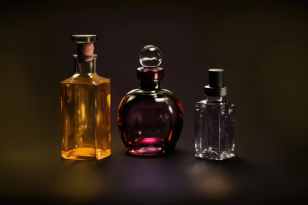 Perfume bottles on a black background. AI generative. illustration in photorealistic style.の素材