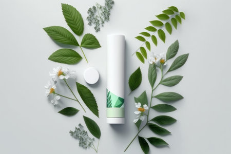 Tube for cosmetics, flowers and leaves. AI generative. illustration in photorealistic style.の素材