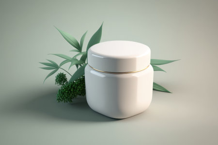 Jar for cream and leaves on a light green background. AI generative. illustration in photorealistic style.の素材