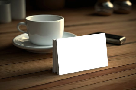 mockup. business card. A stack of business cards and a cup on the table. AI generative. illustration in photorealistic style.の素材