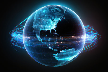 Neon planet Earth with lines of networks. AI generative. Graphic style illustration.の素材