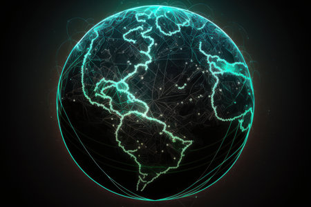 Neon planet Earth in green color on a black background. AI generative. Graphic style illustration.の素材
