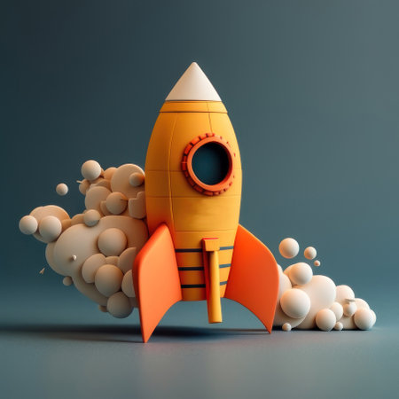 Cartoon rocket and smoke, 3d. AI generative. Illustration in 3D style.の素材