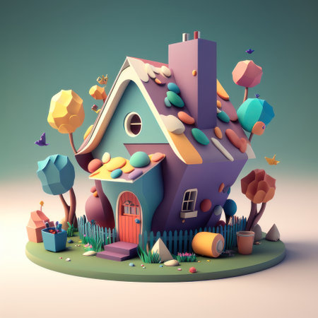 Cartoon bright house with trees, 3d. AI generative. Illustration in 3D style.の素材