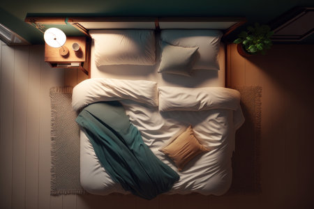 Bedroom, bed, top view. AI generative. illustration in photorealistic style.の素材