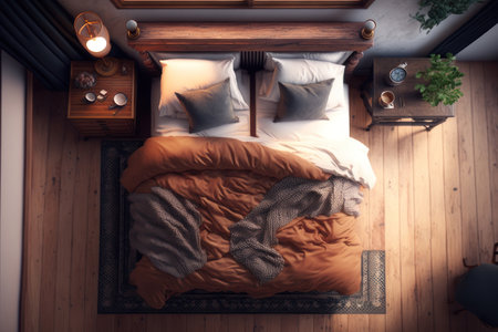 Bed, top view. AI generative. illustration in photorealistic style.の素材
