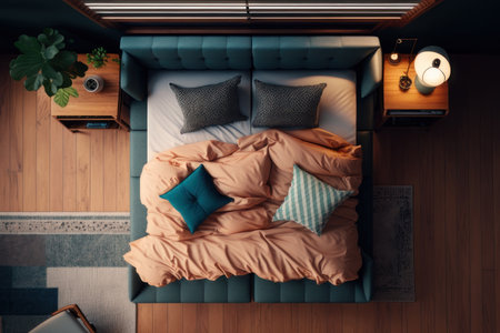 Bedroom, top view. AI generative. illustration in photorealistic style.の素材
