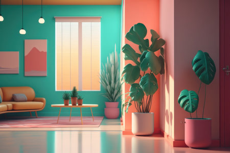 Interior design, living room with plants, bright colors. AI generative. illustration in photorealistic style.の素材