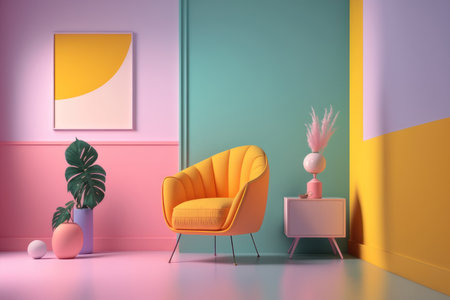 Interior design, armchair and nightstand, bright colors. AI generative. illustration in photorealistic style.の素材