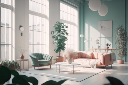 Interior design, living room, light pink and blue colors. AI generative. illustration in photorealistic style.の素材