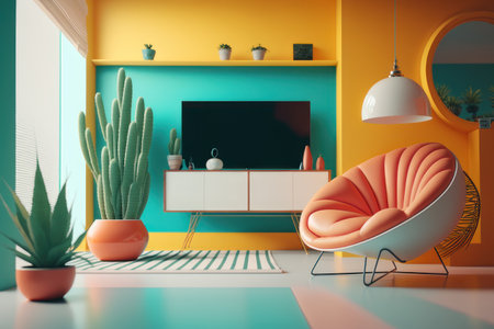 Interior design, armchair in the living room, bright colors. AI generative. illustration in photorealistic style.の素材