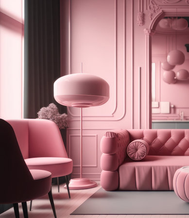 Pink living room interior. AI generative. illustration in photorealistic style.の素材