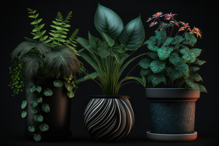Three plants in pots on a black background. AI generative. illustration in photorealistic style.の素材