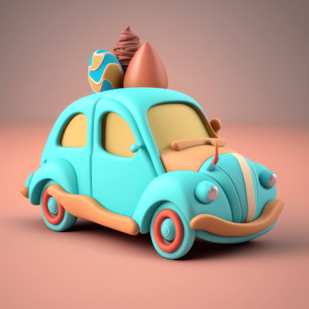 Cartoon car with candy on the roof, 3d. AI generative. Illustration in 3D style.の素材