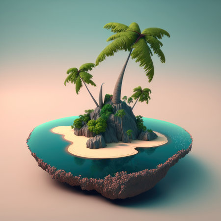Cartoon island with a palm tree, 3d. AI generative. Illustration in 3D style.の素材