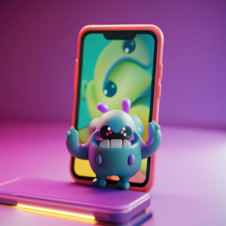Cartoon smartphone and monster, 3d. AI generative. Illustration in 3D style.の素材
