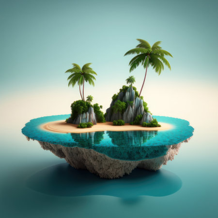 Cartoon island with palm trees in the sea, 3d. AI generative. Illustration in 3D style.の素材