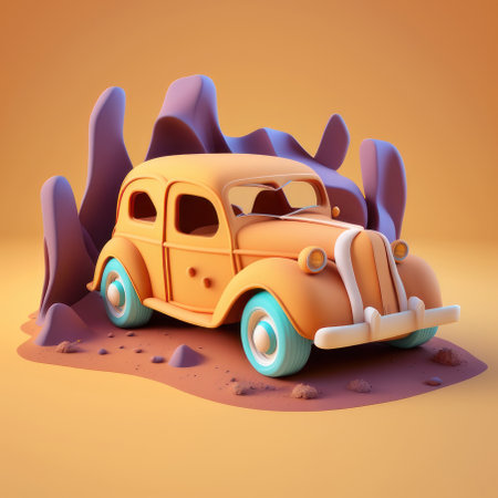 Cartoon car in the mountains, 3d. AI generative. Illustration in 3D style.の素材