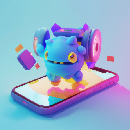 Cartoon smartphone with a cute monster, 3d. AI generative. Illustration in 3D style.の素材