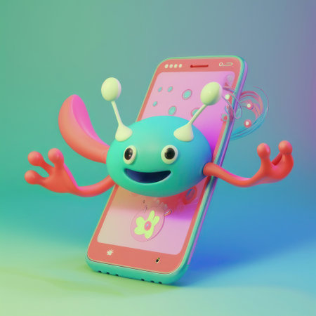 Cartoon smartphone with a cute monster with hands, 3d. AI generative. Illustration in 3D style.の素材