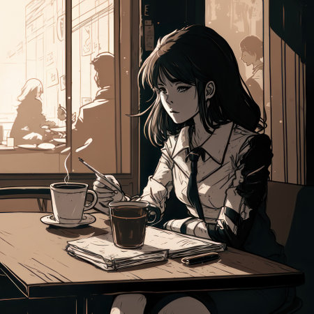 Anime girl in a cafe with coffee. AI generative. Anime style illustration.の素材
