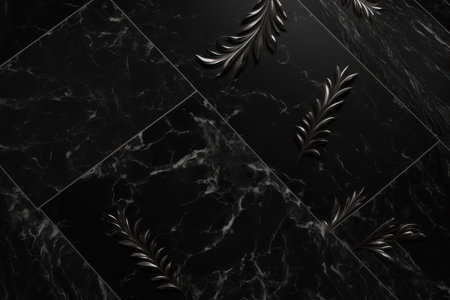 texture, background. Black marble with silver leaves. AI generative. illustration in photorealistic style.の素材