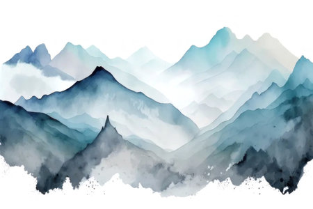 Watercolor blue silhouettes of mountains. AI generative. Illustration in the style of a watercolor painting.の素材
