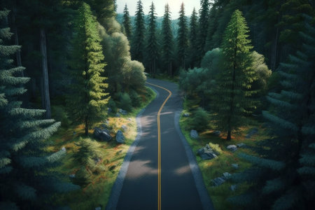 Road in a pine forest in summer. AI generative. illustration in photorealistic style.の素材
