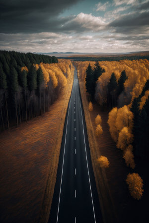 Asphalt road in the autumn forest, vertical top view from a drone. AI generative. illustration in photorealistic style.の素材